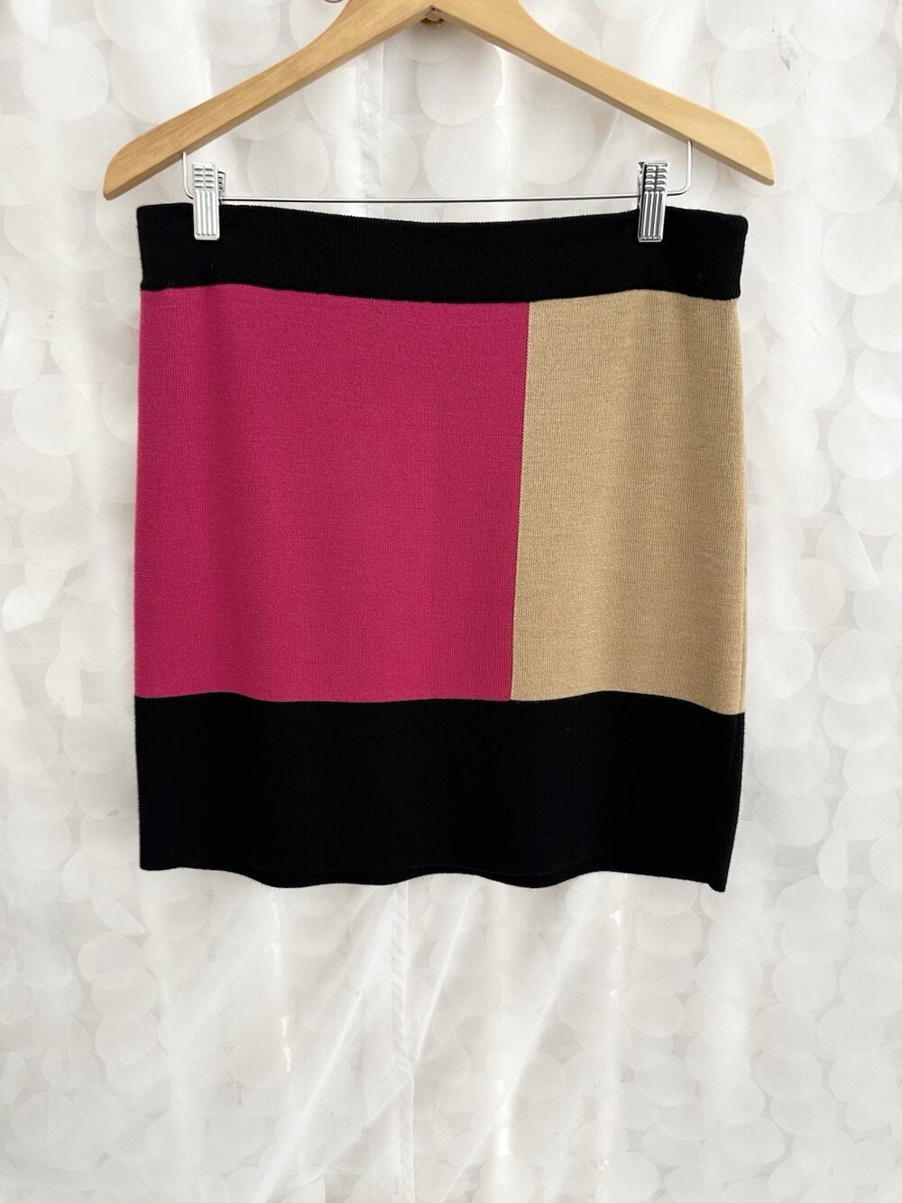 Ann Taylor Loft M Pink Black Tan COLOR BLOCK Knit Skirt Midi Wool Blend